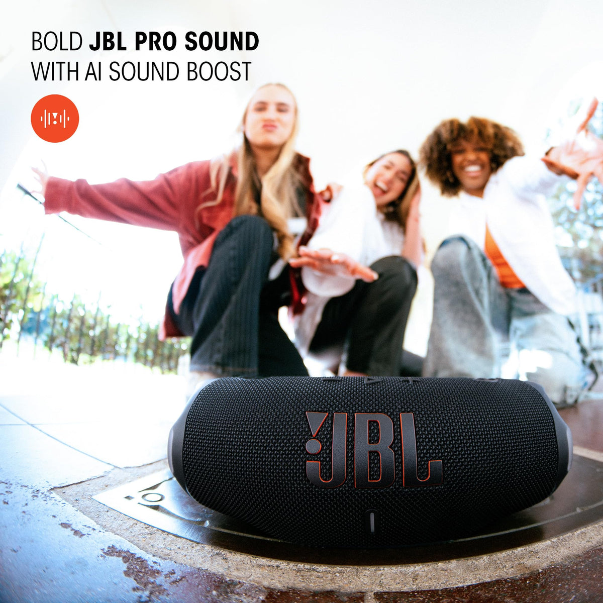 JBL Charge 6 side view highlights compact body with large grip strap