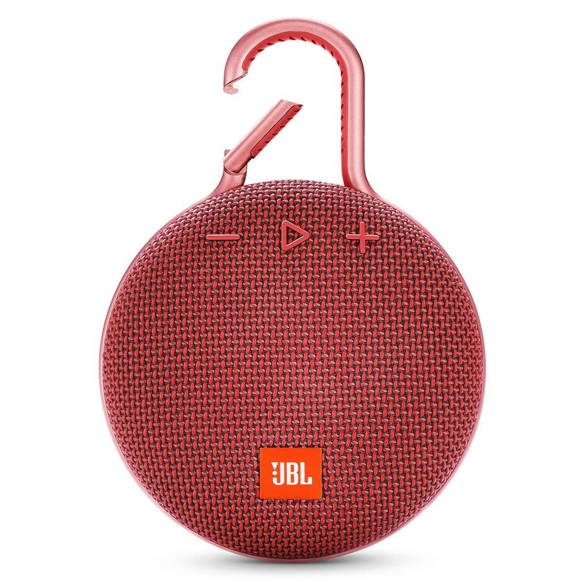JBL Clip 3 integrated carabiner detail clipped to backpack for secure carry