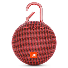 JBL Clip 3 integrated carabiner detail clipped to backpack for secure carry
