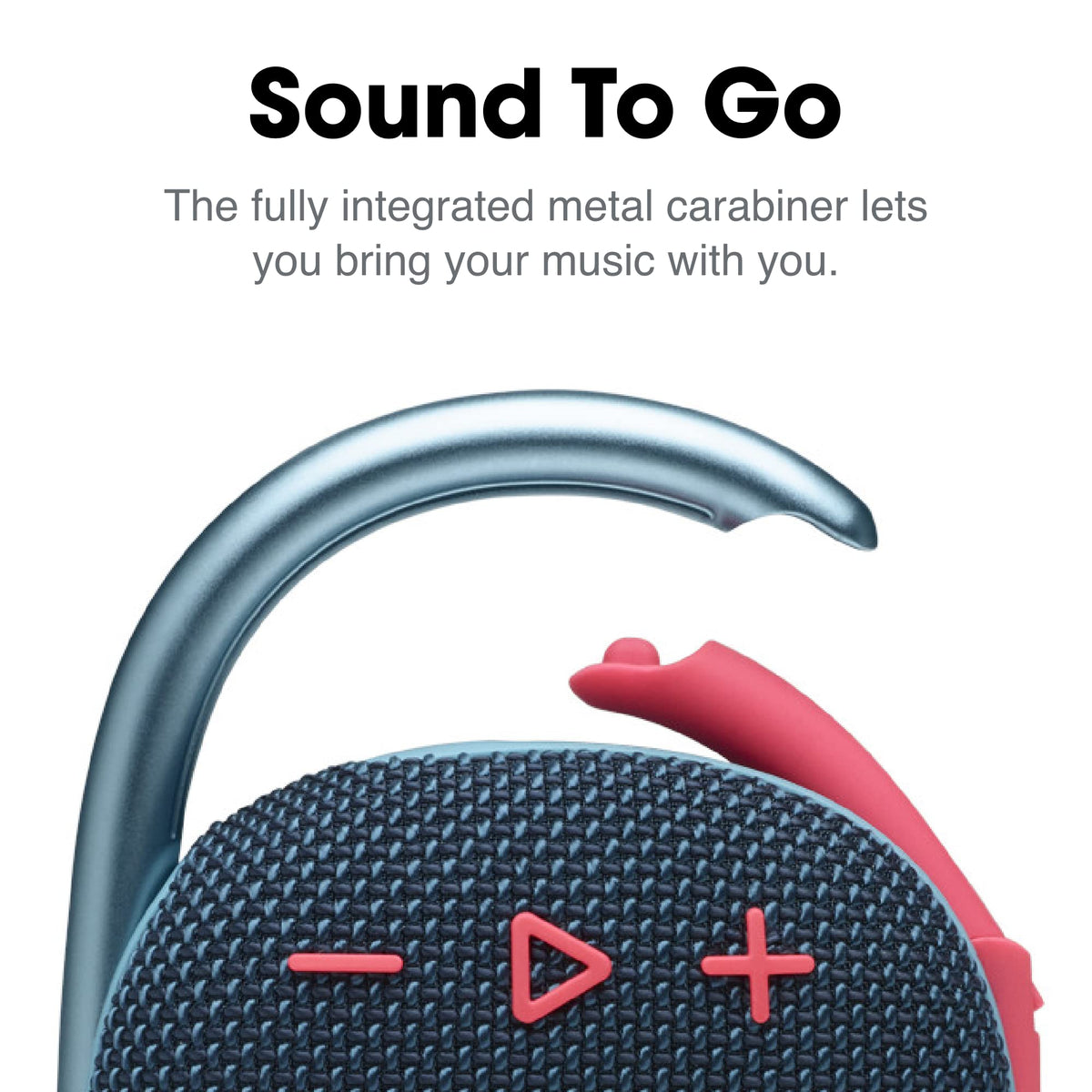 JBL Clip 4 blue-coral carabiner lets you attach securely to bags or belts.