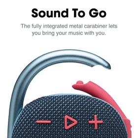 JBL Clip 4 blue-coral carabiner lets you attach securely to bags or belts.