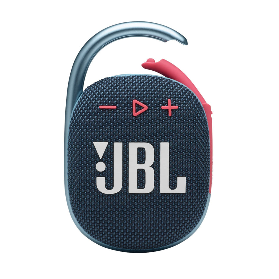 JBL Clip 4 blue-coral front view shows a compact portable speaker for on-the-go listening.