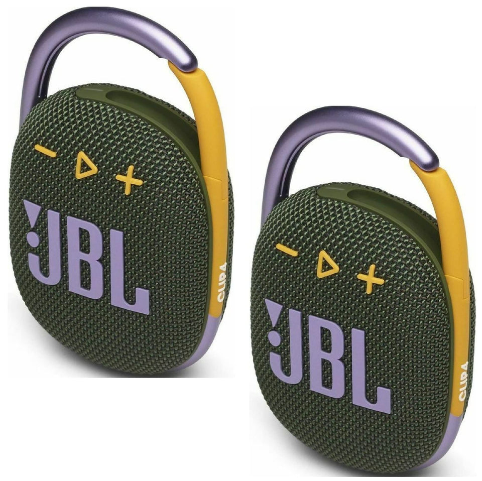 Two JBL Clip 4 speakers in green fabric, ready for outdoor listening.