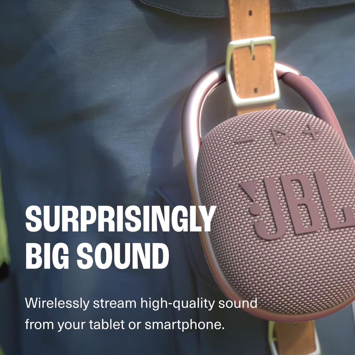 JBL Clip 4 gray carabiner attachment demonstrates easy clip to bags.