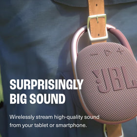 JBL Clip 4 gray carabiner attachment demonstrates easy clip to bags.