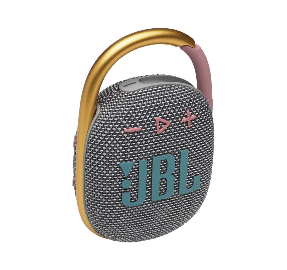 JBL Clip 4 gray on backpack clip demonstrates hands-free portability.
