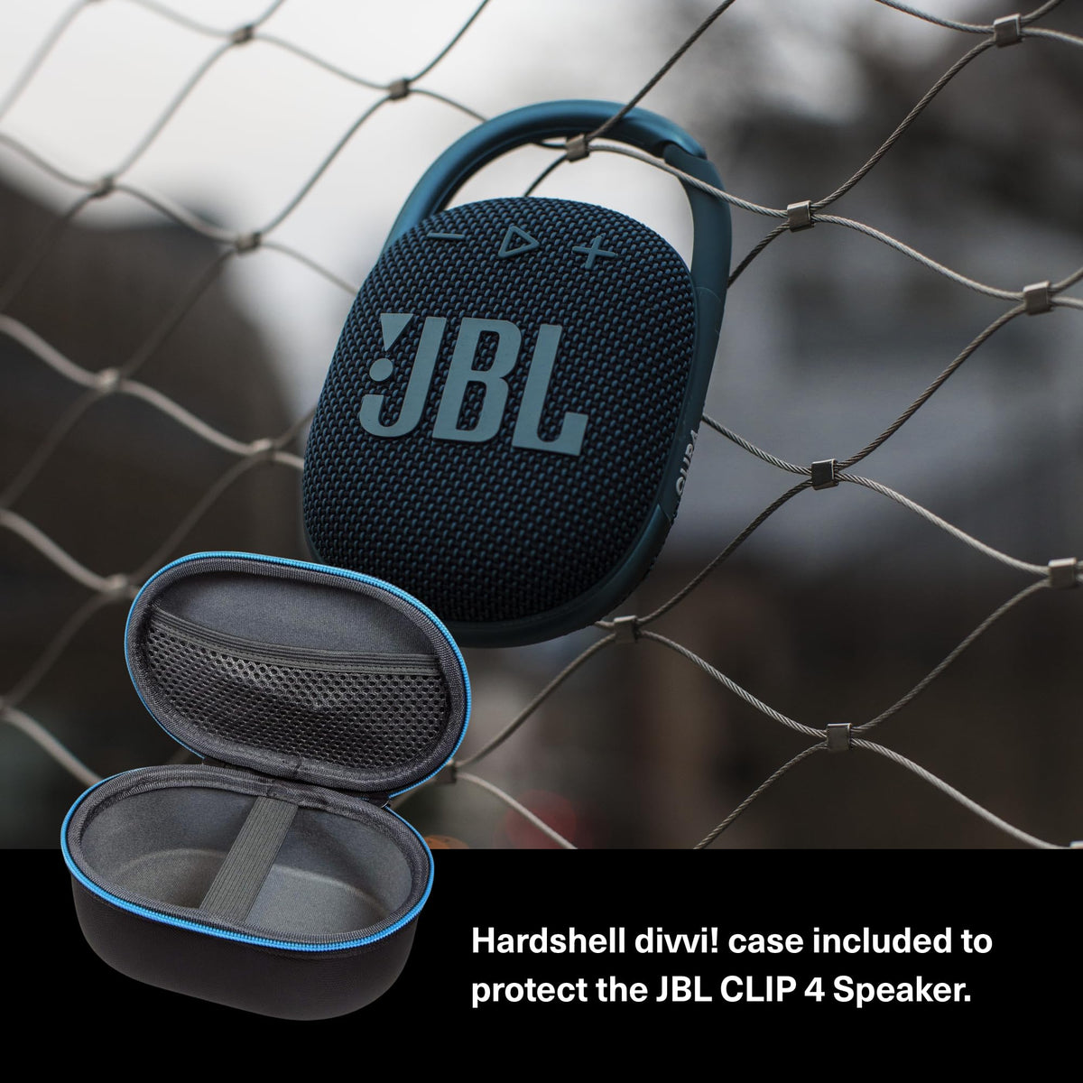 JBL Clip 4 gray side view highlights rugged build designed for outdoor use.