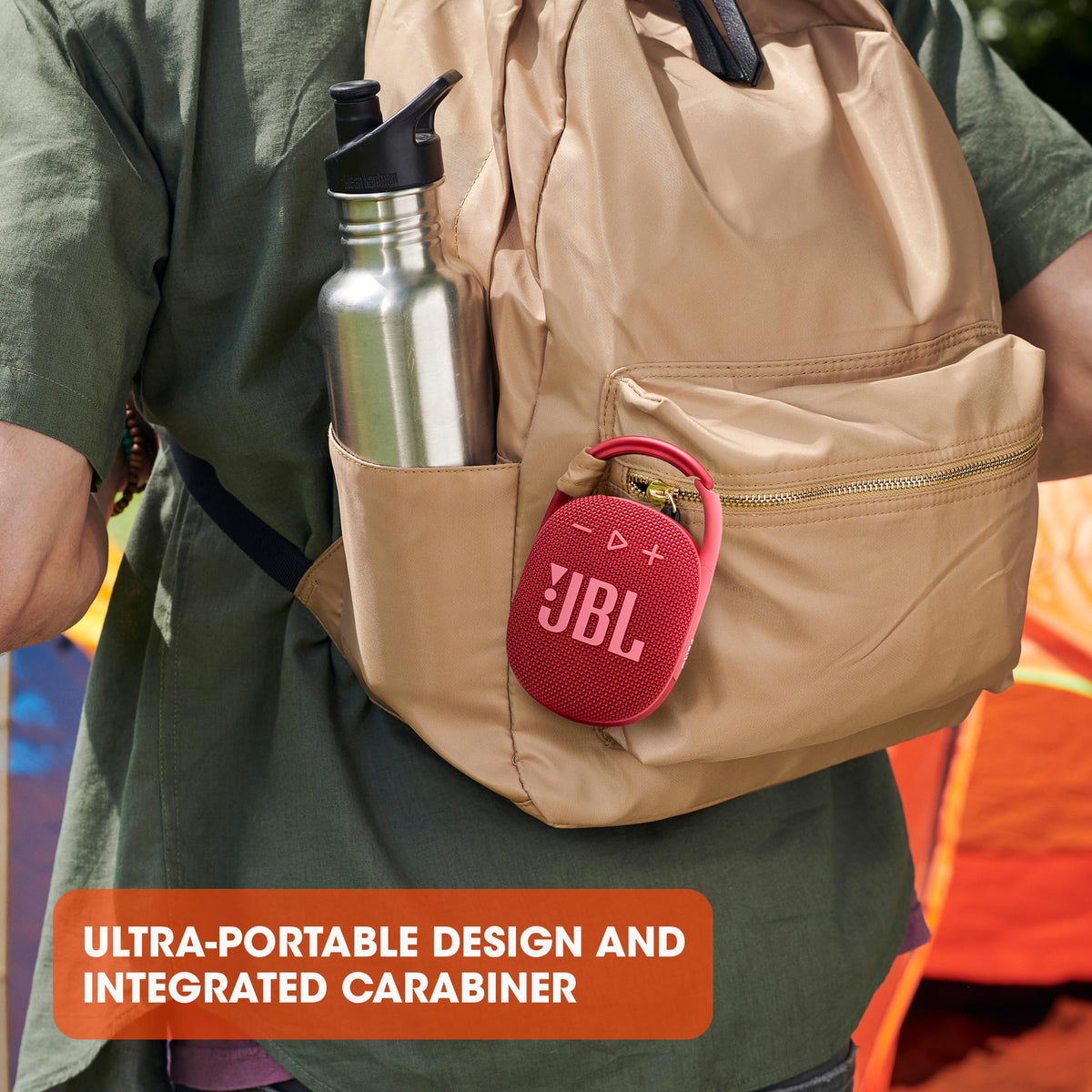 JBL Clip 4 integrated carabiner enables hands-free attachment to bags.
