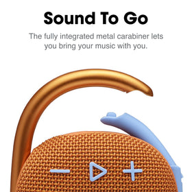 JBL Clip 4 Orange battery icon highlights up to 10 hours of playback.