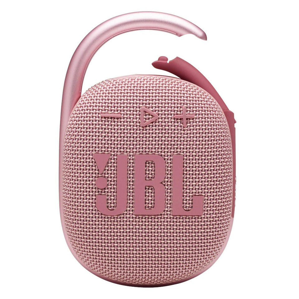 JBL Clip 4 pink compact profile for on-the-go listening and easy portability.