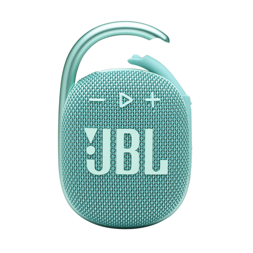 JBL Clip 4 teal front view showing compact, water-resistant design for on-the-go listening