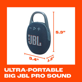 JBL Clip 5 Auracast pairing expands sound with other speakers for bigger spaces.