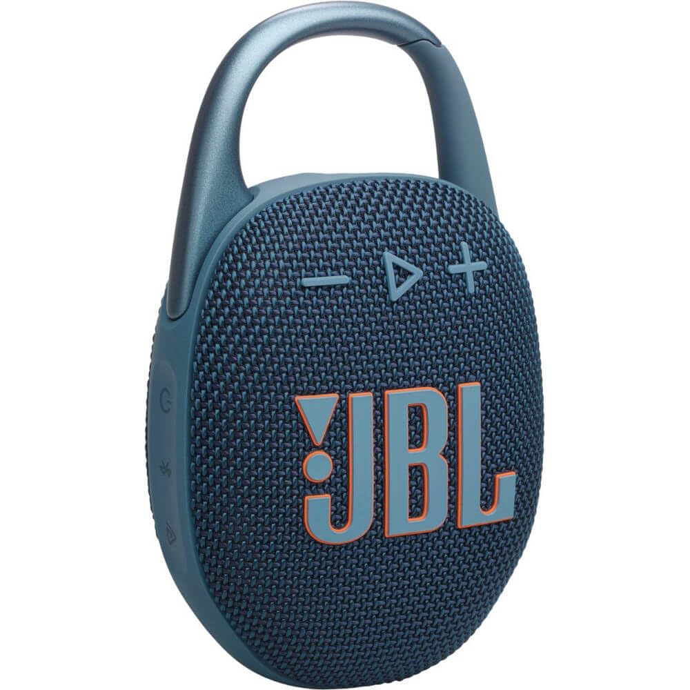 JBL Clip 5 integrated carabiner clipped to backpack strap for hands-free use