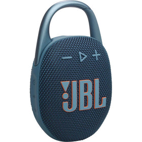 JBL Clip 5 integrated carabiner clipped to backpack strap for hands-free use