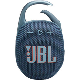 JBL Clip 5 front view in blue showing speaker grille and compact benefit