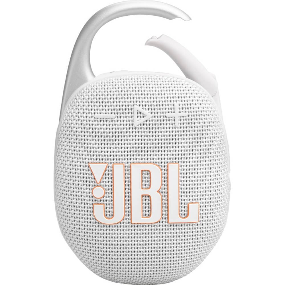 JBL Clip 5 front view shows compact waterproof shell for outdoor use.