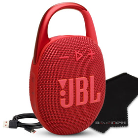 JBL Clip 5 front view featuring a compact red body for portable outdoor listening.