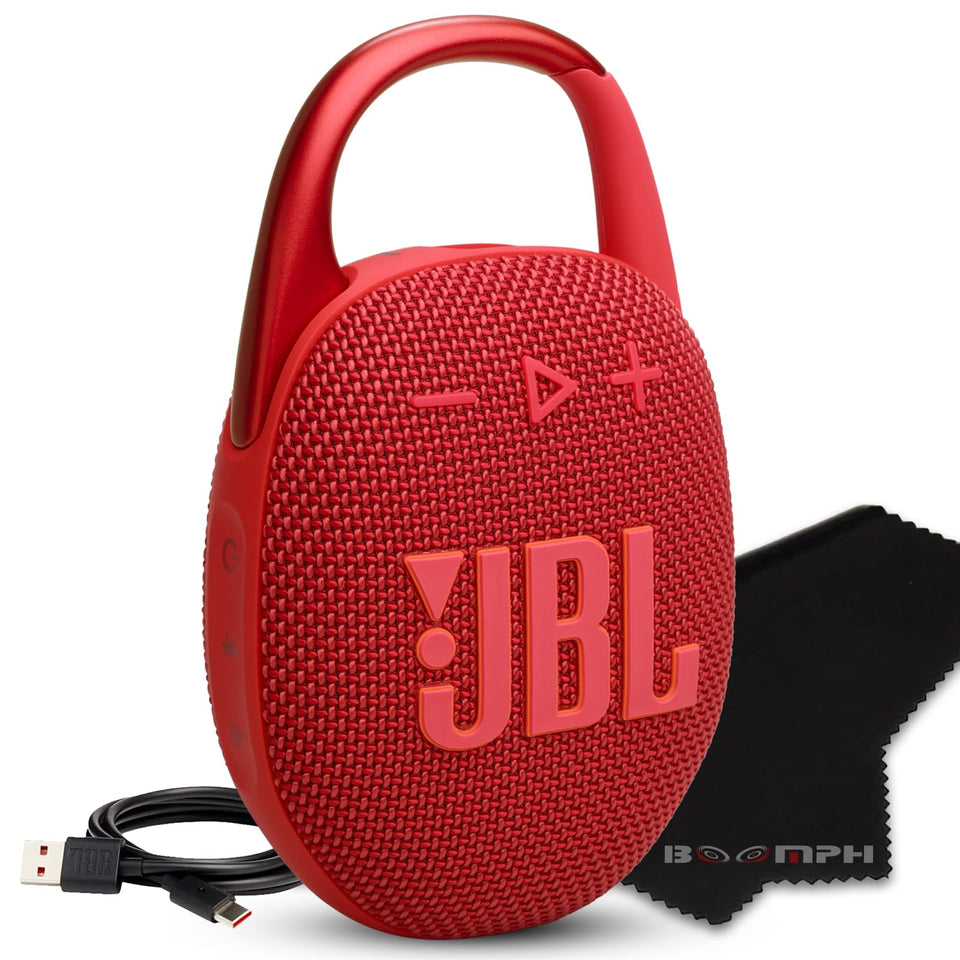 JBL Clip 5 front view featuring a compact red body for portable outdoor listening.