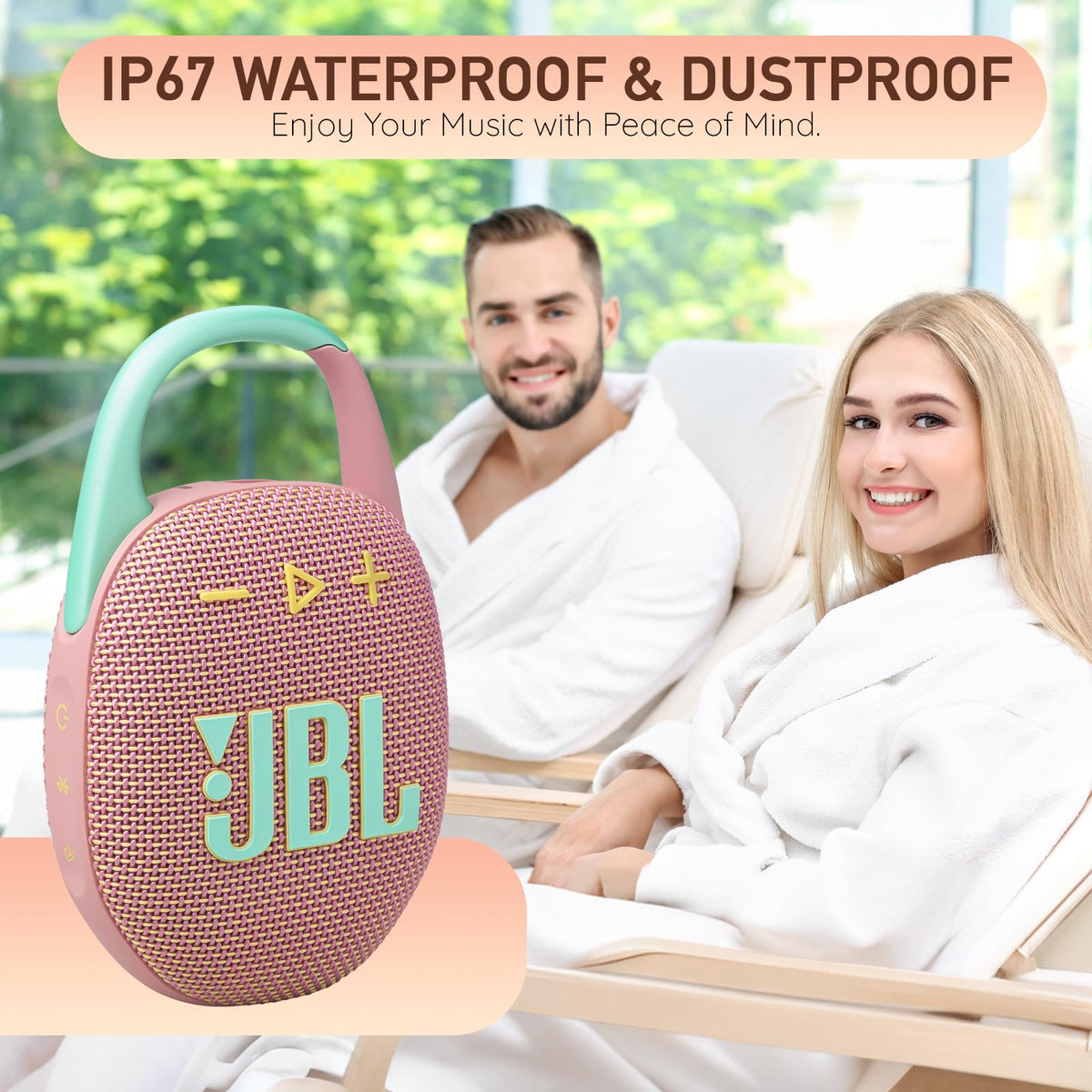 JBL Clip 5 IP67 waterproof shell protects against dust and splashes during outdoor adventures.