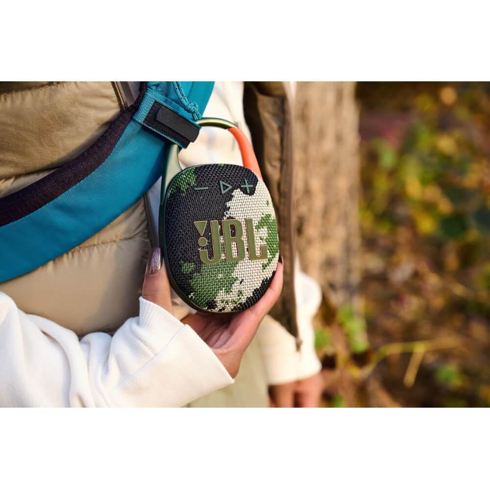 JBL Clip 5 portable Bluetooth speaker withstands splashes and outdoor use.
