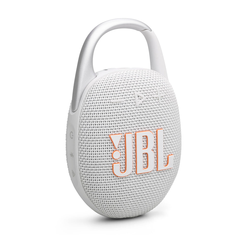 JBL Clip 5 ultra-portable with built-in carabiner for hands-free music on the go.