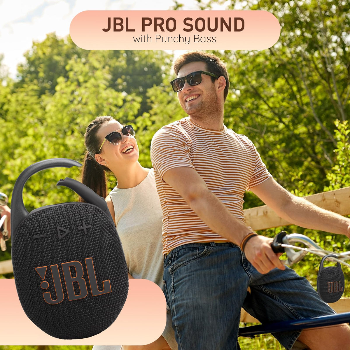 JBL Clip 5 white body emphasizes compact, portable design.
