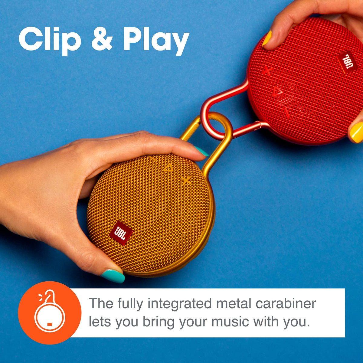 JBL Clip 3 fabric detail highlighting durable material and weather resistance