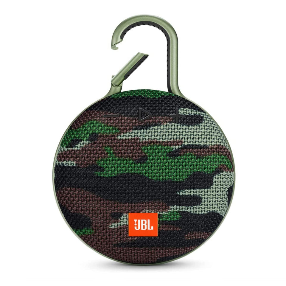 JBL Clip 3 camouflage front view showing compact speaker and clear sound