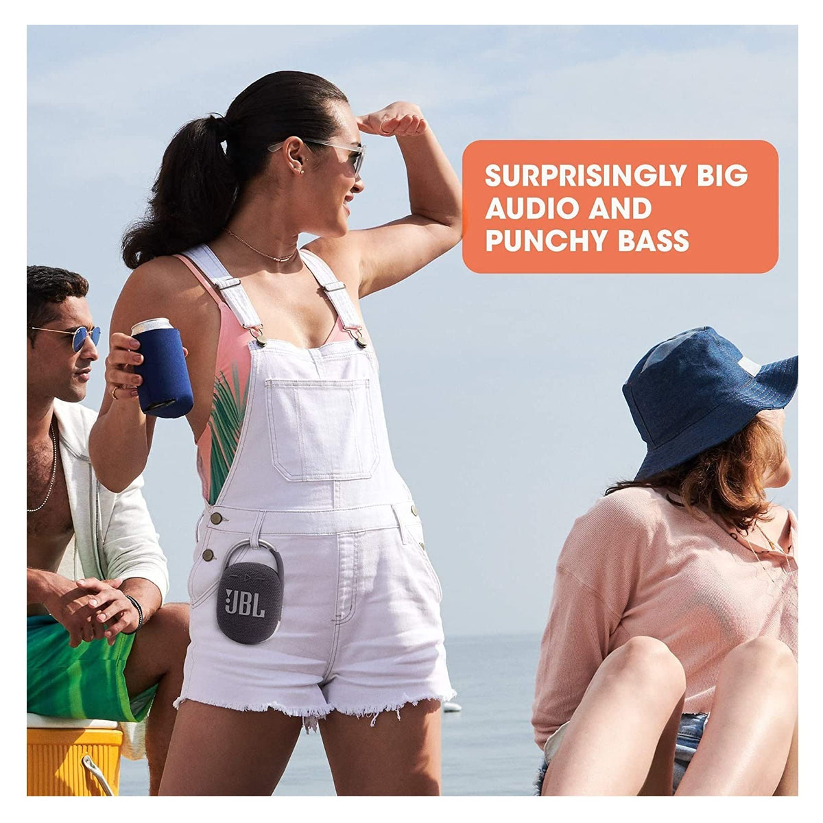JBL Clip 4 white battery life up to 10 hours.