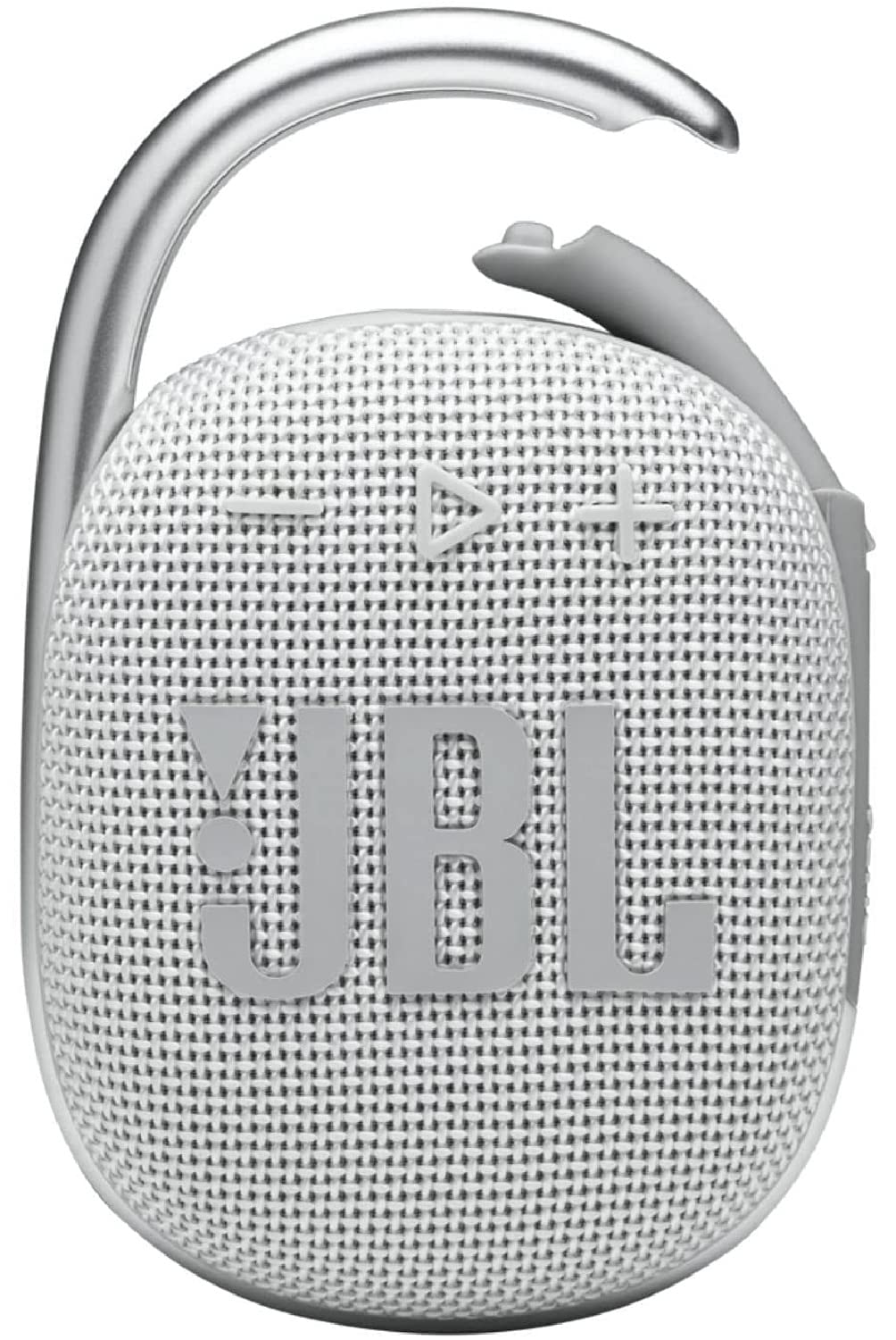 JBL Clip 4 white bundle carabiner attached for secure carrying.