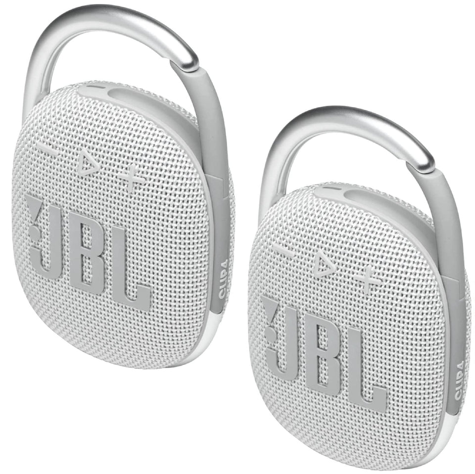 JBL Clip 4 white bundle front view for travel-ready listening.