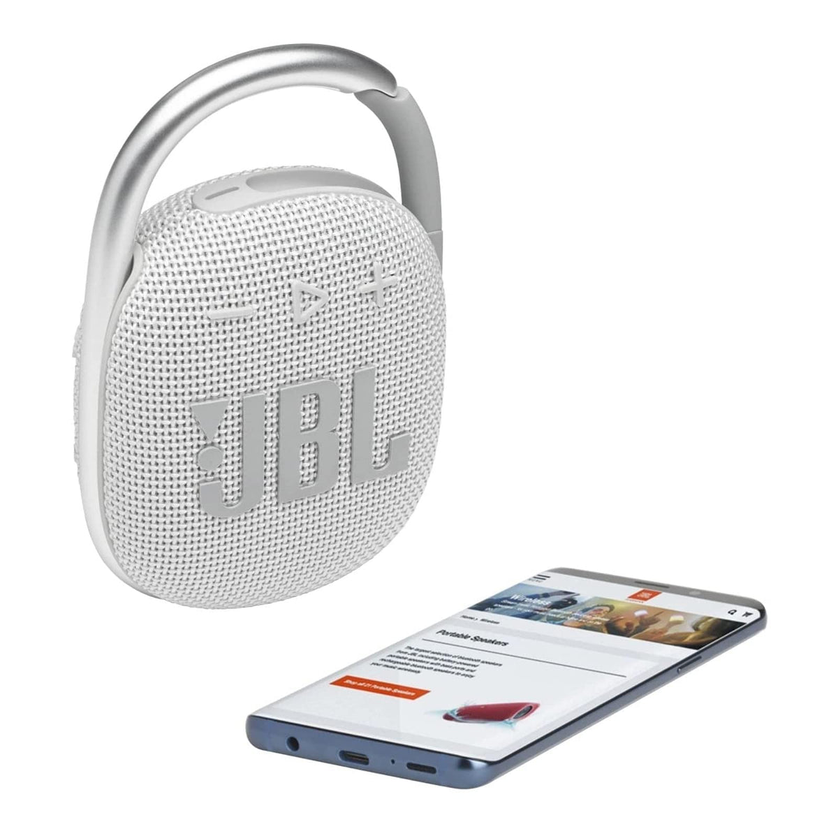 JBL Clip 4 white fabric detail highlights bold style.