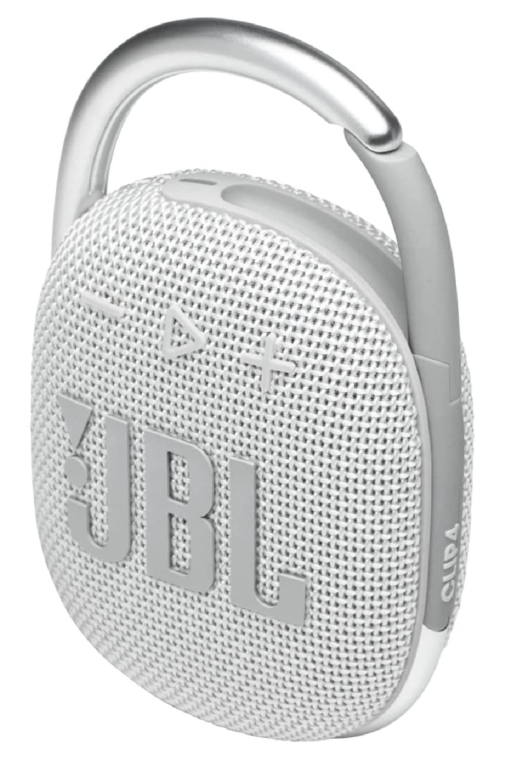 JBL Clip 4 white waterproof close-up demonstrates rugged durability.