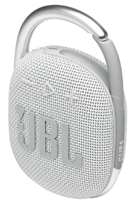 JBL Clip 4 white waterproof close-up demonstrates rugged durability.