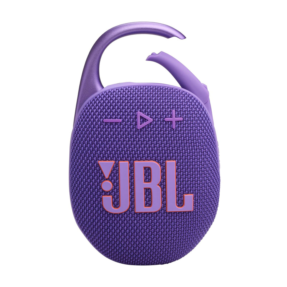 JBL Clip 5 Purple front view illustrates compact, splash-ready design for outdoor listening.