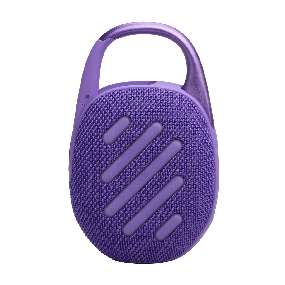 JBL Clip 5 Purple side view with carabiner in easy-clip configuration.