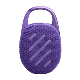 JBL Clip 5 Purple side view with carabiner in easy-clip configuration.