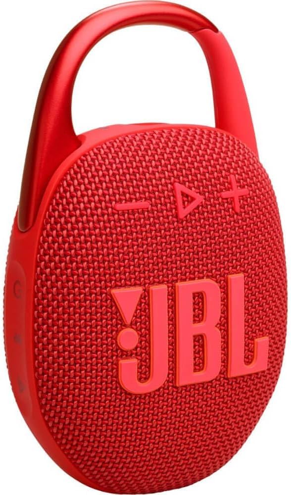 JBL Clip 5 red refurbished speaker with waterproof design and built-in carabiner for outdoor adventures.