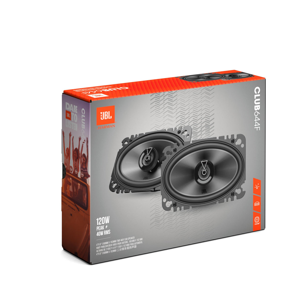 JBL Club 644F compact design fits many vehicles while upgrading sound.