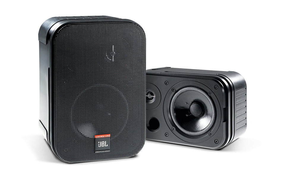 JBL Control 1 Pro compact speakers in black ideal for home theater or desktop listening.