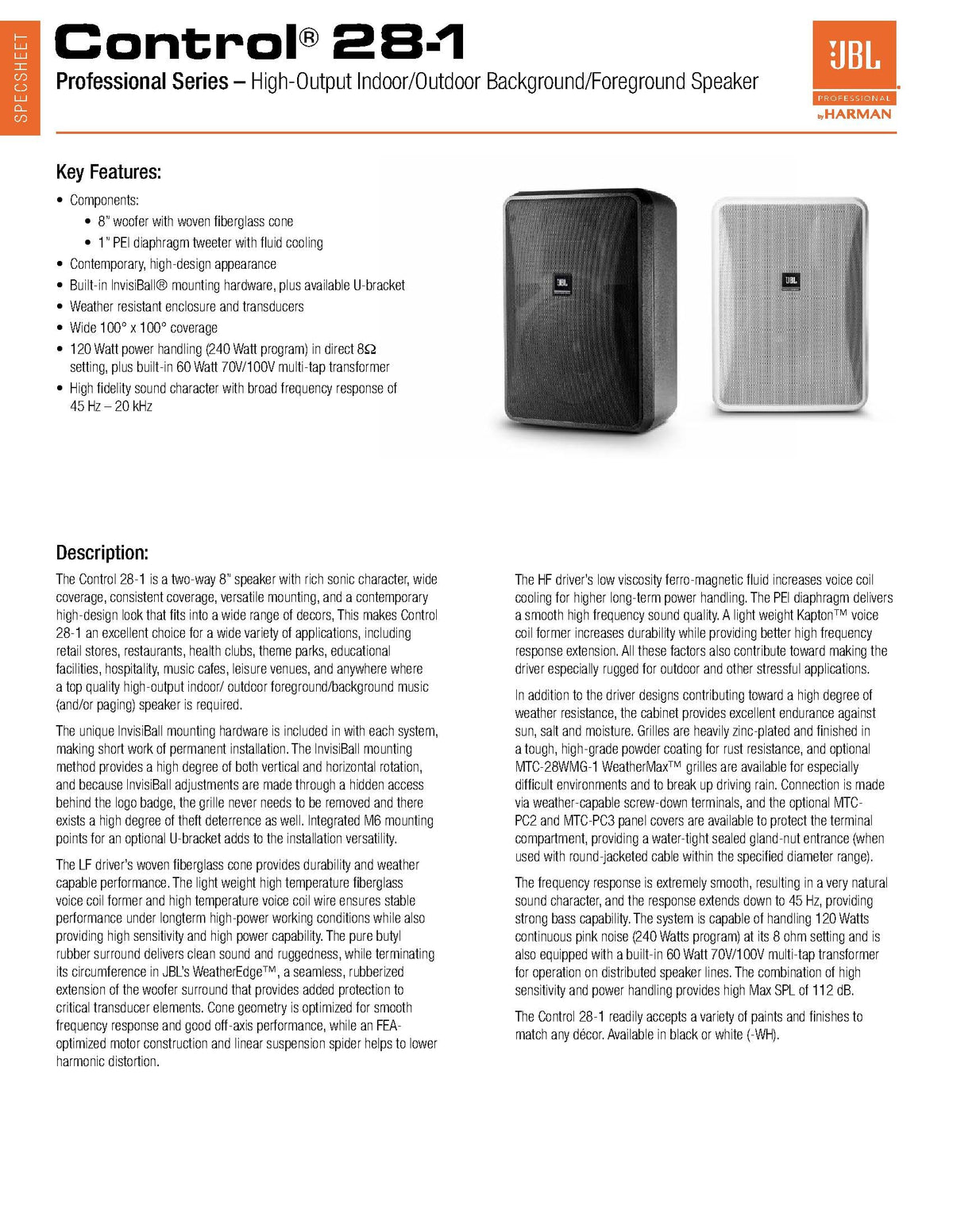 JBL Control 28-1L woofer detail highlights 8-inch bass for outdoor spaces.