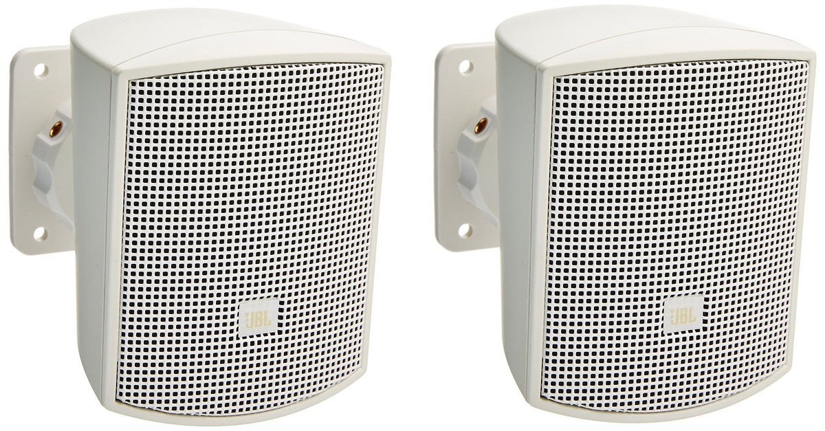 JBL Control 52-WH surface-mount satellite speakers with wall-mount brackets for flexible installation.