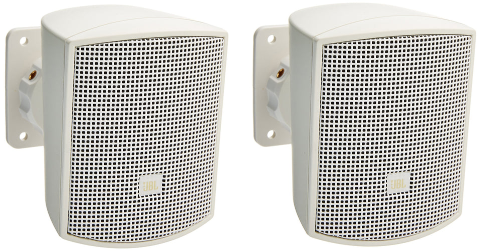 JBL Control 52-WH surface-mount satellite speakers with wall-mount brackets for flexible installation.