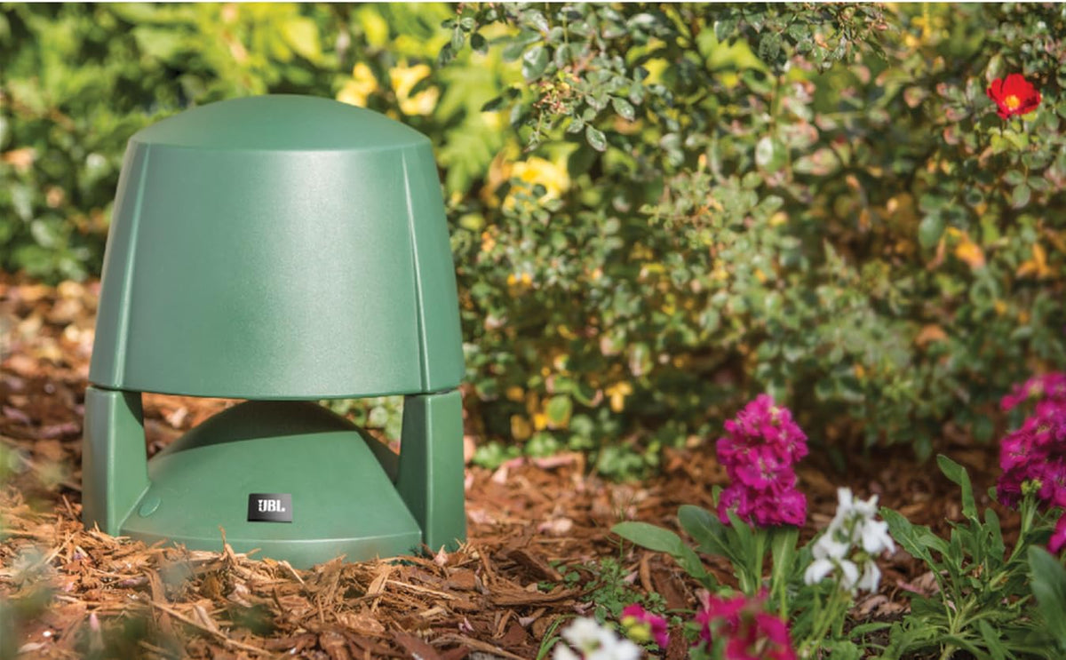 JBL Control 85M durable enclosure withstands lawn equipment and weather for outdoor spaces.
