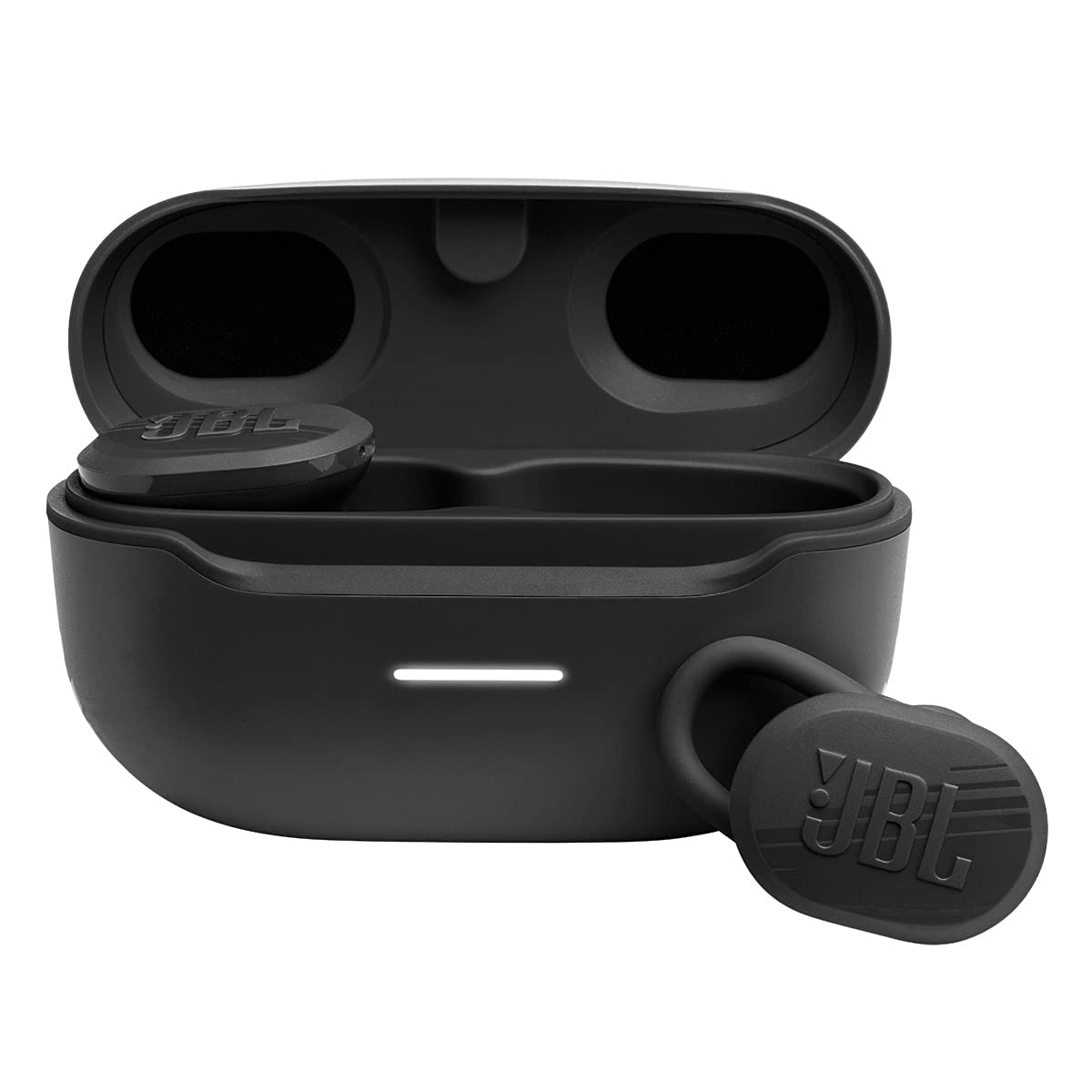 JBL Endurance Race TWS earbuds close-up showing secure fit for workouts