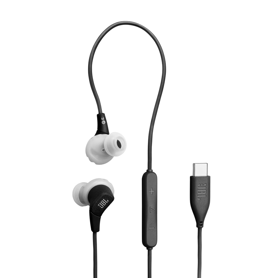 JBL front view showing headphones and cable, clear product identification and benefit