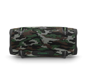 JBL Xtreme 2 camouflage side view highlighting portable poolside use.