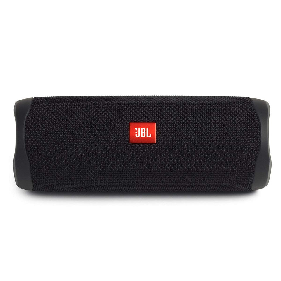 JBL Flip 5 black front view showing compact portability for outdoor listening