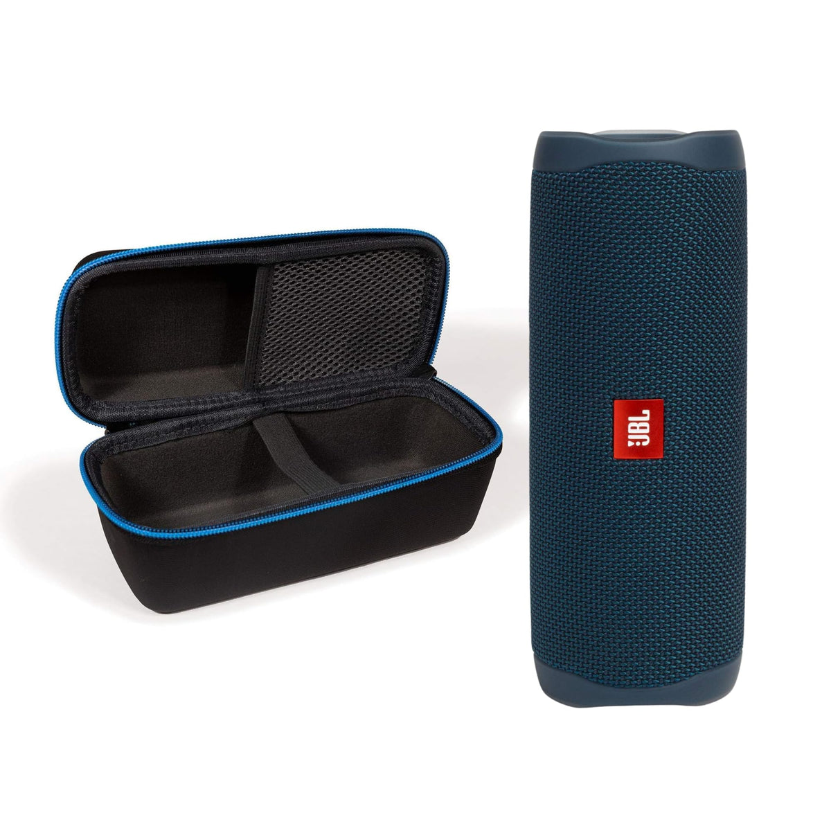 JBL Flip 5 blue speaker front view, ideal for outdoor listening.
