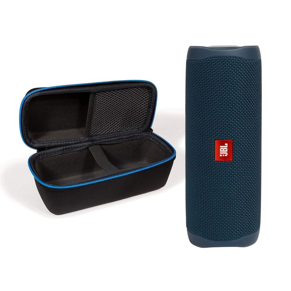 JBL Flip 5 blue speaker front view, ideal for outdoor listening.